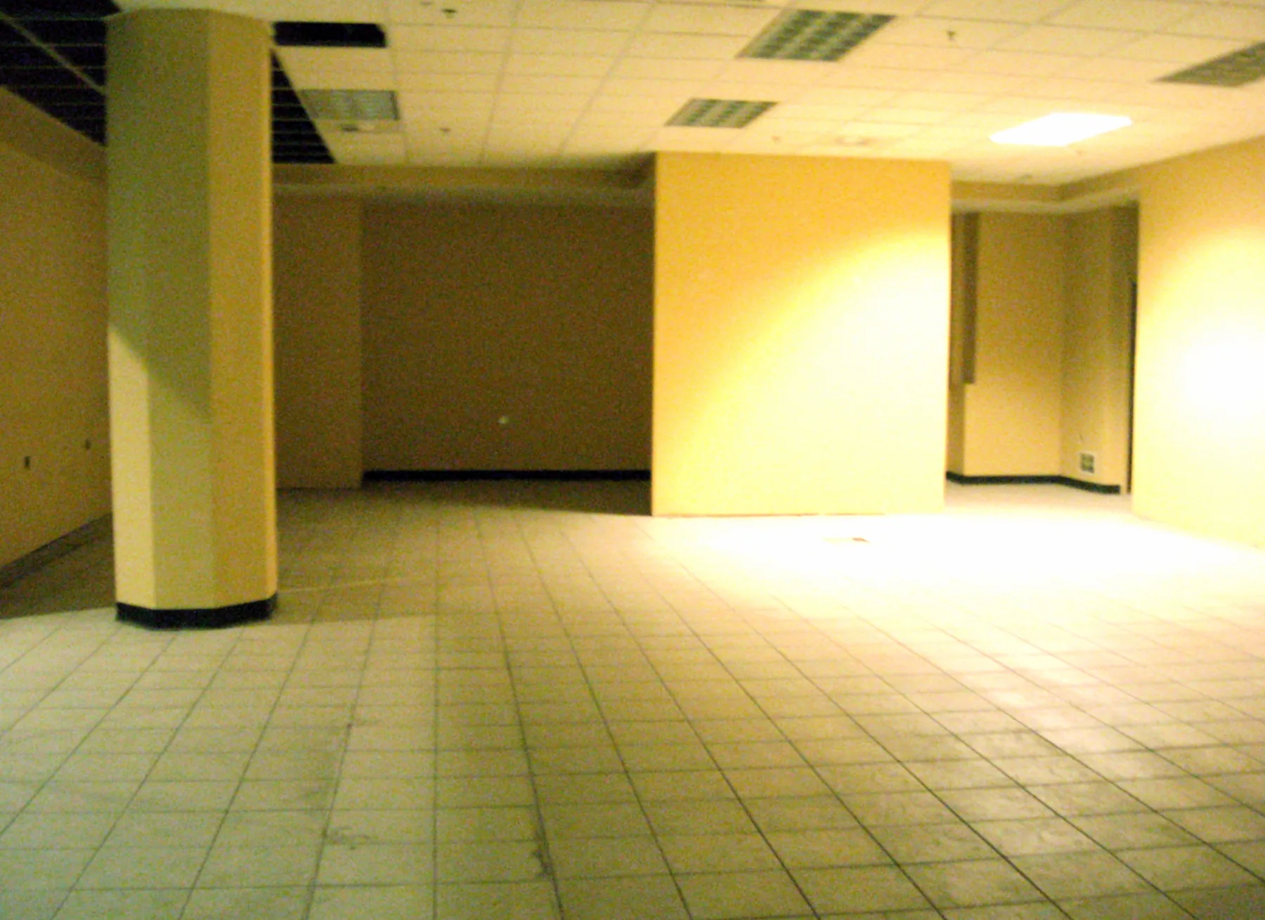 Vacant retail interior with unfinished counters, exposed ceiling areas, and an open floor